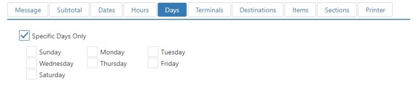 Edit Printer Message dialog, Days tab, with day-of-week checkboxes