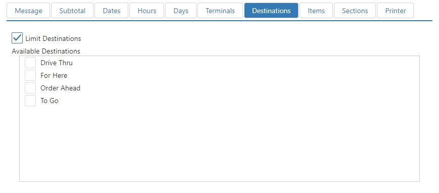 Edit Printer Message dialog, Destinations tab, with Limit Destinations checkbox and Available Destinations list