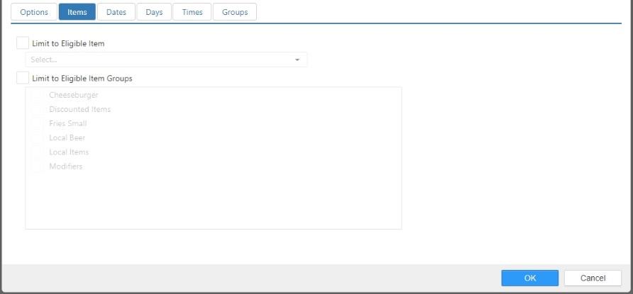 Edit Discount dialog, Item tab, showing Limit to Eligible Item checkbox and Limit to Eligible Item Groups checkbox with a list of item groups