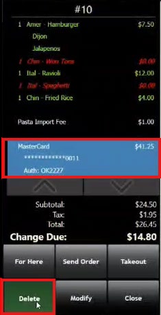 Order #10 detail screen with the MasterCard tender line ($41.25, Auth: OK2227) highlighted in red and the Delete button highlighted